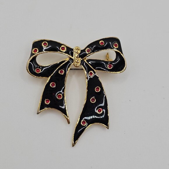 Vintage Black/Red Polka Dot Tied Bow Gold Toned Locking Pinback Lapel Pin Brooch - Picture 1 of 10